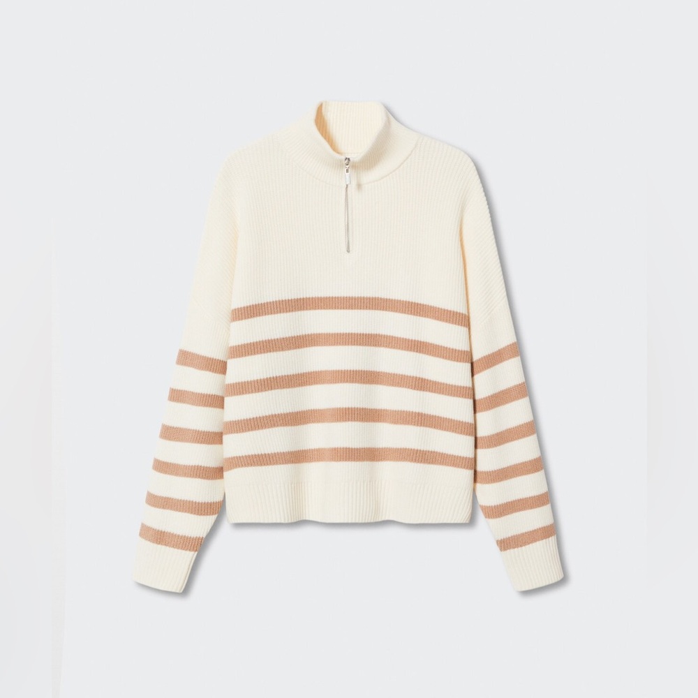 Mango Cream and Tan Striped V-Neck Sweater